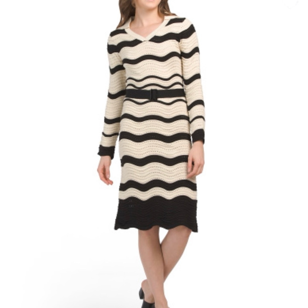 NWT DALIA MACPHEE Crochet Collared Knit Dress Belted Long Sleeve Black Stripe Lg